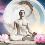 Eine yogi illustration in lotus pose sitzend am meditieren und 7 Chakren